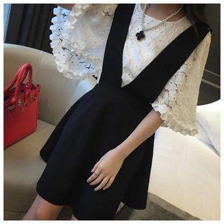 Set: Elbow-sleeve Lace Top + A-line Jumper Dress