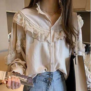 Lantern-sleeve Lace Trim Round Neck Loose Fit Blouse