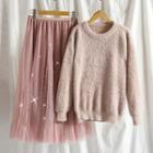 Furry Sweater / Glitter Midi A-line Mesh Skirt