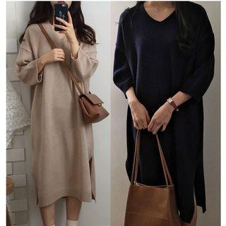 Side Slit 3/4-sleeve Knit Dress