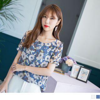 Frilled Trim Short Sleeve Floral Print Top
