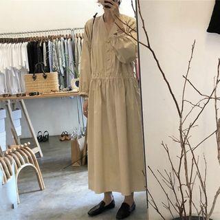 Long-sleeve Half Button Midi A-line Dress As Shown In Figure - One Size