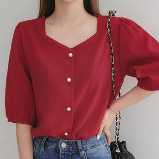 Square-neck Faux-pearl Buttoned Blouse