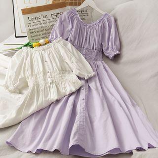 Boatneck Smocked-waist Midi Dress