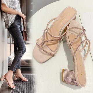 Rhinestone Strappy Block-heel Slide Sandals