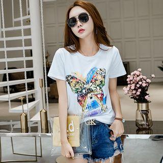 Short-sleeve Sequined Paneled T-shirt