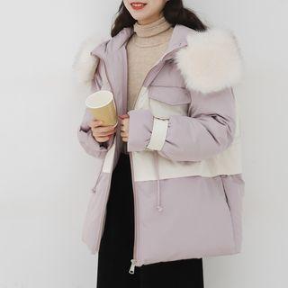 Furry Trim Two-tone Hooded Padded Zip Jacket