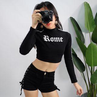 Mock Neck Long-sleeve Lettering Cropped T-shirt