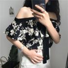 Cold-shoulder Floral Print Short-sleeve Blouse As Shown In Figure - One Size