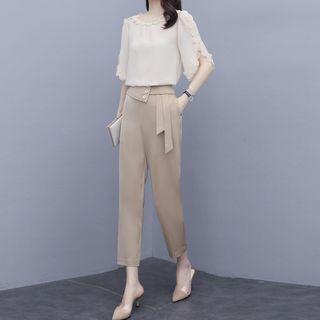 Set: Elbow-sleeve Blouse + Cropped Straight Leg Pants