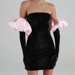 Set: Strapless Sheath Mini Dress + Puff Sleeve Gloves
