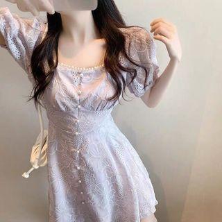 Short Sleeve Square Neck Lace A-line Dress