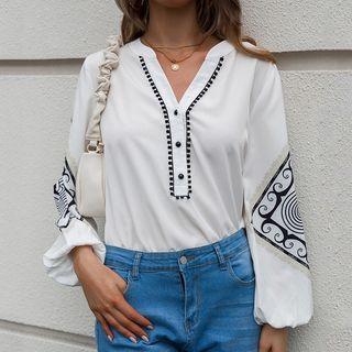 Lantern-sleeve Printed V-neck Half-button T-shirt