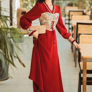 Long-sleeve Flower Print Lace Up Midi A-line Dress