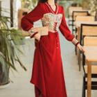 Long-sleeve Flower Print Lace Up Midi A-line Dress