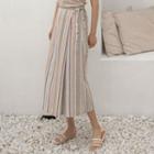 Tie-side Pleated Long Stripe Skirt