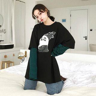 Mock-two Print Striped Long-sleeve Top