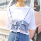 Mock Two-piece Gingham Panel Short-sleeve T-shirt White - One Size