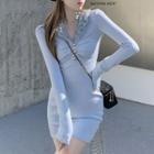 Long-sleeve Fluffy Trim Mini Bodycon Dress Blue - One Size