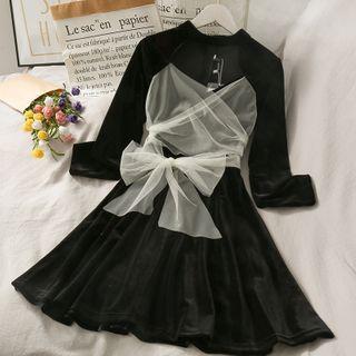 Cutout-front Mesh-panel Velvet Mini Dress