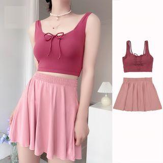 Set: Bow Accent Tankini + Contrast Swim Skirt