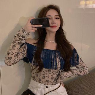 Long-sleeve Floral Print T-shirt Blue & Almond - One Size