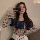 Long-sleeve Floral Print T-shirt Blue & Almond - One Size