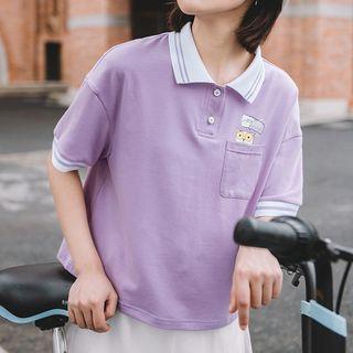 Owl Print Polo-collar Short-sleeve Top