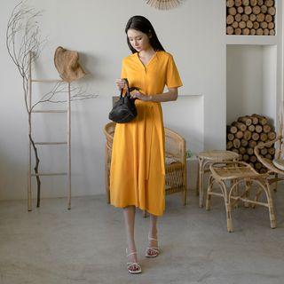 Open-placket Flared Long Knit Dress With Sash