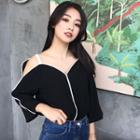 Piped Cutout Shoulder Elbow-sleeve Top