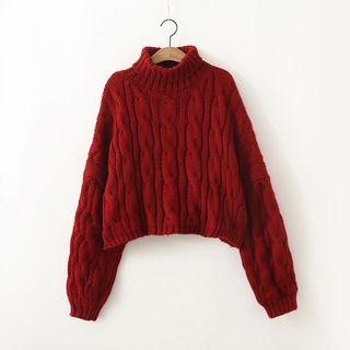 Turtleneck Cable-knit Crop Sweater Red - One Size