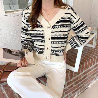V-neck Patterned Cropped Cardigan