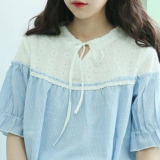Eyelet Lace-yoke Stripe Blouse