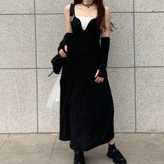 Spaghetti Strap Slitted Midi Dress Black - One Size