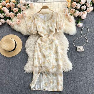 Square-neck Print Chiffon Dress