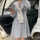 Puff-sleeve Striped Shawl Collar A-line Dress