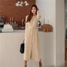 Buttoned Pleated Long Knit Dress