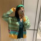 Color Block Patterned Cardigan Green - One Size