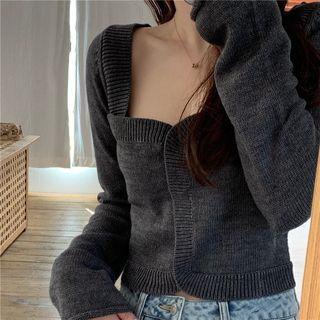 Deep V-neck Cropped Knit Top Dark Gray - One Size
