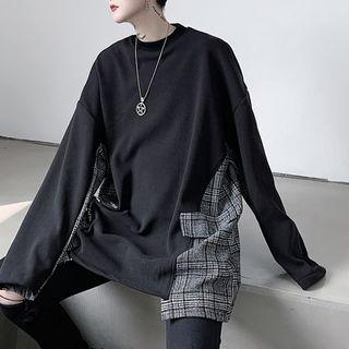 Gingham Panel Fleece-lined Pullover