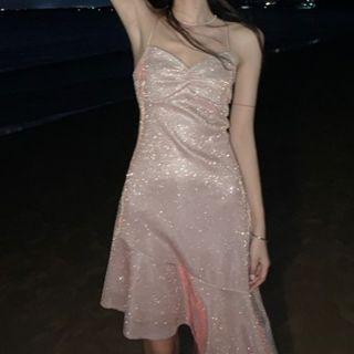 Spaghetti Strap Glitter Mini A-line Dress Almond - One Size