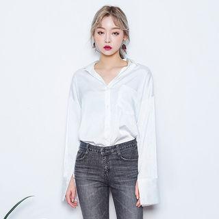 Wide-cuff Round-hem Satin Shirt