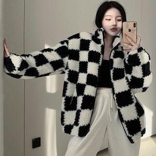 Check Fleece Jacket Black & White - One Size