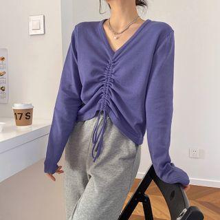 Long-sleeve Plain V-neck Drawstring Top