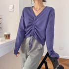 Long-sleeve Plain V-neck Drawstring Top