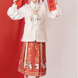 Set: Panda Embroidered Vest + Print Pleated Midi A-line Skirt