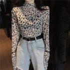 Long-sleeve Leopard Print Mock-neck Top Leopard - White - One Size
