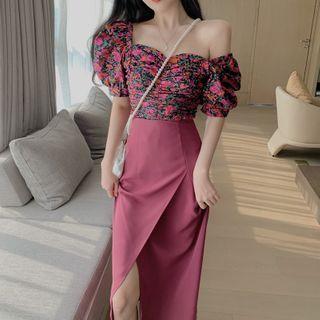Floral Print Puff-sleeve Top / Slit Midi Straight-fit Skirt