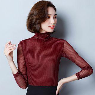 Long-sleeve Mesh Panel Turtleneck T-shirt