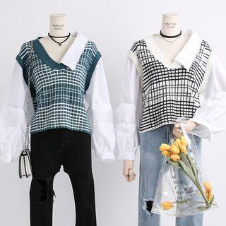 Patchwork Mock Two-piece Plaid Blouse